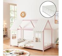 Lit cabane Tostedt pour enfant 90 x 200 cm avec matelas sommier à lattes bois de pin rose blanc [en.casa]