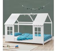 [en.casa] Lit Cabane Enfant Forme Maison avec Fenêtres et Toit - Design avec Sommier à Lattes pour Chambre d'enfant en Bois de Pin et Contreplaqué 140 x 200 cm Blanc