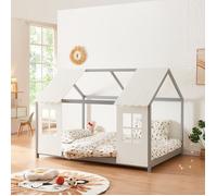 Lit cabane Tostedt pour enfant forme maison bois de pin 140 x 200 cm gris blanc [en.casa]