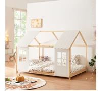 Lit cabane Tostedt pour enfant forme maison bois de pin 140 x 200 cm naturel blanc [en.casa]