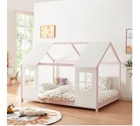 Lit cabane Tostedt pour enfant forme maison bois de pin 140 x 200 cm rose blanc [en.casa]