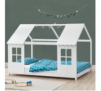[en.casa] Lit Cabane Enfant Forme Maison avec Fenêtres et Toit - Design avec Sommier à Lattes pour Chambre d'enfant en Bois de Pin et Contreplaqué - 90 x 200 cm Blanc