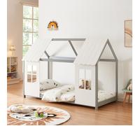 Lit cabane Tostedt pour enfant forme maison bois de pin 90 x 200 cm gris blanc [en.casa]