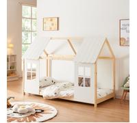 Lit cabane Tostedt pour enfant forme maison bois de pin 90 x 200 cm naturel blanc [en.casa]
