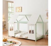 Lit cabane Tostedt pour enfant forme maison bois de pin 90 x 200 cm vert menthe blanc [en.casa]