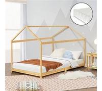 Lit cabane Vindafjord pour enfant 90 x 200 cm avec matelas sommier à lattes bambou naturel [en.casa]