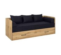 Lit canapé convertible 80-160x200 cm - - coloris Chêne wotan avec coffre de rangement, matelas et 3 oreillers noir - Longueur 200,5 x Profondeur