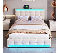 Lit capitonné 140 x 200 cm avec 4 tiroirs et 2 stations de charge USB, cadre de lit avec tête de lit LED, lit plate-forme rembourré avec espace de rangement, tissu en lin beige