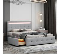 Lit capitonné 140 x 200 cm avec LED, sommier à lattes et tiroir de lit sur roulettes, lit simple avec tête de lit et 4 tiroirs, surface en lin agréable pour la peau, lit d'enfant, lit d'adolescent,