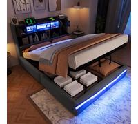 Lit Capitonné 140 x 200 cm avec Tissu Lin, Système de Rangement Hydraulique, Prise USB Type C, Éclairage LED Ambiant Télécommandé sous le Lit, Tête de Lit avec Espace de Rangement, Sans Matelas, Gris