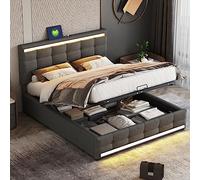 Lit capitonné 140 x 200 cm - Cadre de lit réglable en hauteur - Grand espace de rangement en lin - Lit plateforme rembourré gris