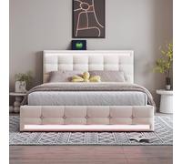 Lit capitonné 140 x 200 cm - Cadre de lit rembourré avec grand espace de rangement et 2 stations de charge USB - Cadre de lit réglable en hauteur - Grand espace de rangement en lin - Lit plateforme