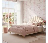 Lit capitonné, 140 x 200 cm, en Velours, Design Coquillages, tête de lit Beige, Cadre de lit avec Pieds en métal, lit Double Moderne, pour Chambre à Coucher