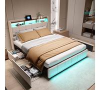 Lit capitonné 140 x 200 cm, lit double LED avec 4 tiroirs et sommier à lattes, tête de lit avec rangement et fonction de charge USB, lit fonctionnel, lit avec espace de rangement, lit jeune (beige B