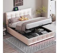 Lit capitonné 140 x 200 cm, tête de lit réglable en hauteur, grand espace de rangement en lin - Lit plateforme rembourré beige