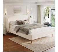 Lit capitonné 140x190 cm tissu bouclé tête oreilles design incurvé pieds hévéa blanc ivoire