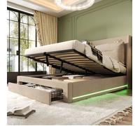 Lit capitonné 140x190, élégance velours lit double, LED multicolore, rangement intégré, ouverture hydraulique, sommier inclus