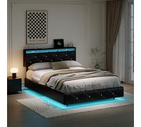 Lit capitonné 160 x 200 cm, cadre de lit flottant hydraulique avec espace de rangement, lit double avec tête de lit réglable, lit rembourré multifonctionnel avec connexion USB et éclairage LED (noir)