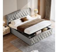 Lit capitonné, 160 x 200 cm, espace de rangement hydraulique, avec espace de rangement et sommier à lattes, en flanelle, pour adultes et adolescents, gris, 160 x 200 cm