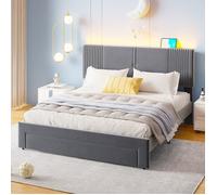 Lit capitonné 160 x 200 cm Lit double avec éclairage LED et prise USB Dossier et tiroir Convient aux adultes et adolescents - gris