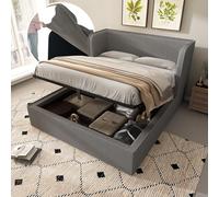 Lit capitonné 160 x 200 cm, lit double hydraulique, coffre de rangement, avec large dossier latéral et housse de cadre de lit amovible, cadre de lit avec sommier à lattes et espace de rangement, lin