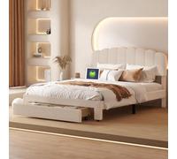 Lit Capitonné 160 x 200 cm Lit double rembourré avec Tiroir de Rangement et Tête Réglable en Hauteur lit 2 Personnes avec Prise USB et Type C pour Adultes et Adolescents(Sans Matelas) (Beige B)