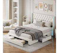 Lit Capitonné 160x200 avec 3 Tiroirs, LIt Double Rembourré,Tête de Lit avec Bande LED Réglable des Deux Côtés, LIT 2 places avec Rangement, liT Adulte avec Sommier, lits en Velour (Beige-b, 160x200cm)