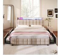 Lit capitonné 160x200 cm avec éclairage LED et port USB rechargeable - avec sommier à lattes et 4 tiroirs - Aapaas - beige