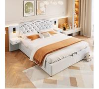 Lit capitonné 180×200cm - tête de lit intégrée avec table de chevet et lampe de chevet intégrées - grand espace de rangement -