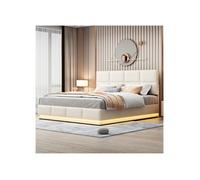 Lit capitonné 180x200, confort LED éclairage lit double, rangement hydraulique, revêtement cuir synthétique, sommier métal robuste