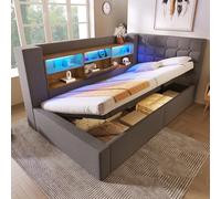 Lit capitonné, 90 x 190 cm, avec LED, lit simple, avec espace de rangement hydraulique, tête de lit en forme de L avec espace de rangement, montage des deux côtés, sommier à lattes, tissu en lin, gris