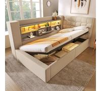 Lit capitonné, 90 x 190 cm, avec LED, lit simple, avec espace de rangement hydraulique, tête de lit en forme de L avec espace de rangement, montage des deux côtés, sommier à lattes, tissu en lin