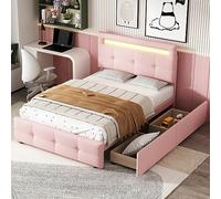 Lit capitonné 90 x 200 cm avec lumières LED, 2 tiroirs, rembourrage en lin doux pour la peau, lit simple, lit d'enfant, lit d'invités, rose