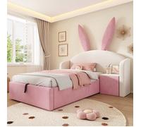 Lit capitonné 90x190 beige et rose, tête de lit oreilles de lapin, coffre et table de chevet intégrée