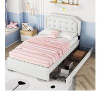 Lit capitonné 90x200 cm beige clair avec sommier à lattes, 2 tiroirs et table de chevet - sans matelas