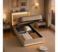 Lit Capitonné 90x200 Lin Coffre Rangement LED USB Sans Matelas Beige