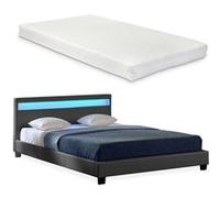 Lit capitonné à LED Corium (Paris) avec matelas (140x200cm)(gris foncé)(mousse froide) - cuir synthétique / housse en cuir synthétique / éclairage RVB / avec sommier à lattes /