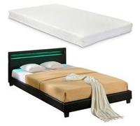 Lit capitonné à LED Corium (Paris) avec matelas (140x200cm)(noir)(mousse froide) - avec cuir synthétique / housse en cuir synthétique / éclairage RVB / avec sommier à lattes /