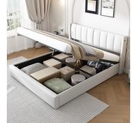 Lit capitonné à LED de 1,5 m, lit king size, ottoman, lit de rangement avec lumières LED et station de charge, lit hydraulique à vérin à gaz, ouverture à gaz, lattes en bois et rangement en