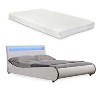 Lit capitonné à LED de Corium 'Valencia' avec matelas (140x200cm)(blanc)(mousse froide) - avec cuir synthétique / housse en cuir synthétique / éclairage RVB / avec sommier à lattes /