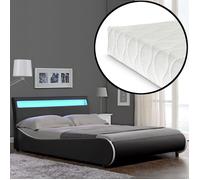 Corium Lit Double Rembourré Éclairage LED Integré Sommier à Lattes Matelas Mousse à Froid 140 x 200 cm Housse Similicuir Noir Blanc