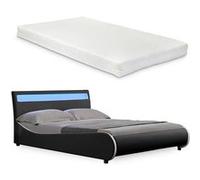 Lit capitonné à LED de Corium 'Valencia' avec matelas (180x200cm)(noir)(mousse froide) - avec cuir synthétique / housse en cuir synthétique / éclairage RVB / avec sommier à lattes /