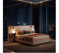 Lit Capitonné - AMBIANCE - 140x200 cm - Lit Double avec Lampes de Lecture & 2 Tables de Nuit & Ports USB & Type-C - en Velours