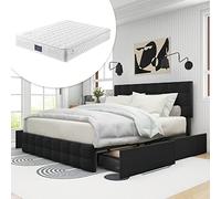 Lit capitonné avec 4 tiroirs et matelas à ressorts, lit double avec sommier à lattes, espace de rangement, tête de lit réglable en hauteur et couture carrée, support à lattes en métal, matériau lin,