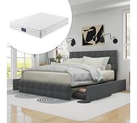 Lit capitonné avec 4 tiroirs et matelas à ressorts, lit double avec sommier à lattes, tête de lit réglable en hauteur et couture carrée, support à lattes en métal, matériau lin, 140 x 200 cm, gris