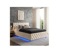 Lit - TECTAKE - Lit rembourré SEDONA en bois à l'aspect velours avec bandes LED et espace de rangement 120 x 200 cm - Sable