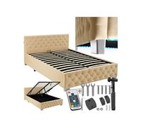tectake® Lit capitonné pour matelas 140x200 2 personnes avec sommier en Bois, Cadre en Acier laqué époxy, Tête de lit, LED réglable & Coffre Rangement pour Chambre adulte, ado ou enfant Meuble chambre