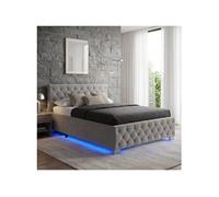 Lit - TECTAKE - Lit coffre VENICE en bois à l'aspect velours capitonné avec bandes LED sommier inclus 140 x 200 cm - Gris foncé