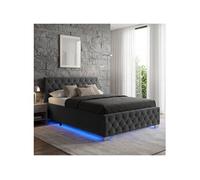 Lit capitonné avec bandes LED et espace de rangement pieds réglables en hauteur Aspect velours noir