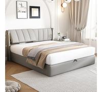 Lit capitonné, avec éclairage LED, 140 x 190 cm, hydraulique, port USB dans le lit, avec espace de rangement, tête de lit réglable, housse en polyuréthane aspect galets, gris (sans matelas)
